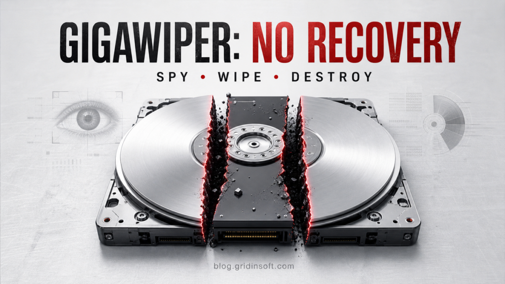 GigaWiper Windows backdoor splitting a hard drive to represent permanent disk wiping.
