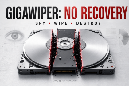 GigaWiper Windows backdoor splitting a hard drive to represent permanent disk wiping.