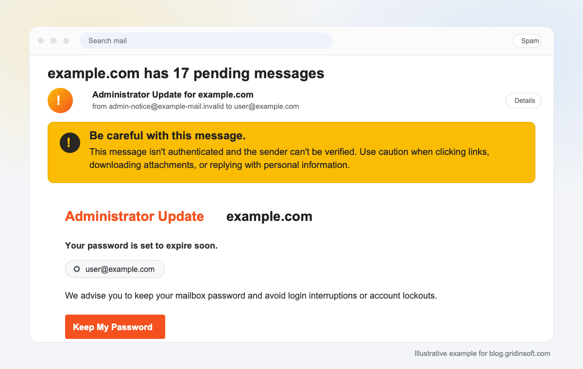 Gmail "This Message Might Be Dangerous": Meaning and Fixes 4 Gmail warning example showing an unauthenticated sender message above a suspicious password-expiration email.