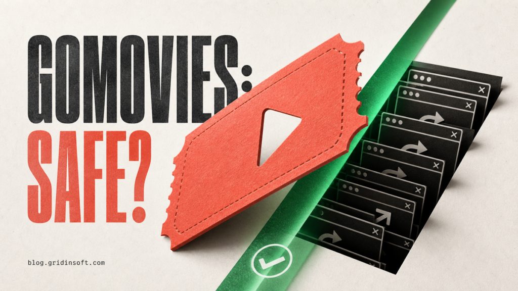 GoMovies safety poster with a movie ticket and browser redirect chain.