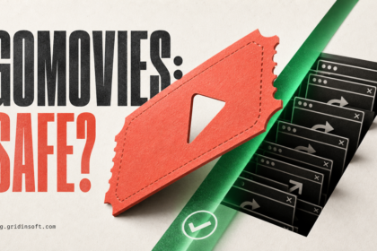 GoMovies safety poster with a movie ticket and browser redirect chain.