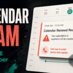 A suspicious calendar renewal warning tells the reader not to call the number.
