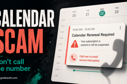 A suspicious calendar renewal warning tells the reader not to call the number.