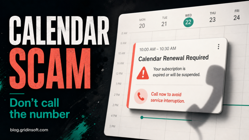 Google Calendar Renewal Warning Scam: Do Not Call 1 A suspicious calendar renewal warning tells the reader not to call the number.