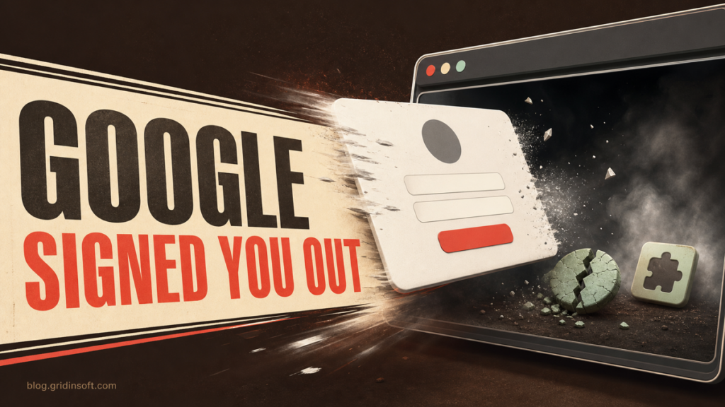 A Google sign-in card being ejected after suspicious activity, with a broken session cookie and browser extension behind it.