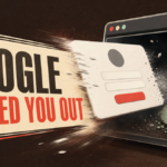 A Google sign-in card being ejected after suspicious activity, with a broken session cookie and browser extension behind it.