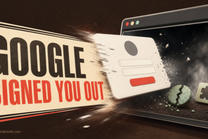 A Google sign-in card being ejected after suspicious activity, with a broken session cookie and browser extension behind it.