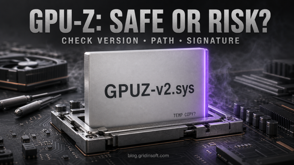 GPU-Z safety check showing GPUZ-v2.sys, version, path, and signature clues.
