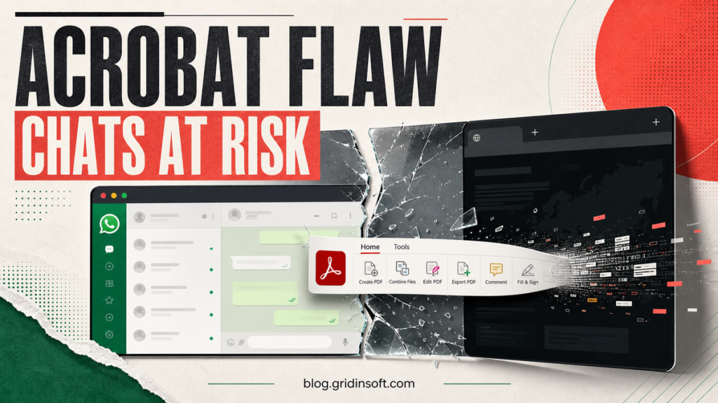 Adobe Acrobat extension crossing a cracked WhatsApp Web chat window toward a hostile browser tab