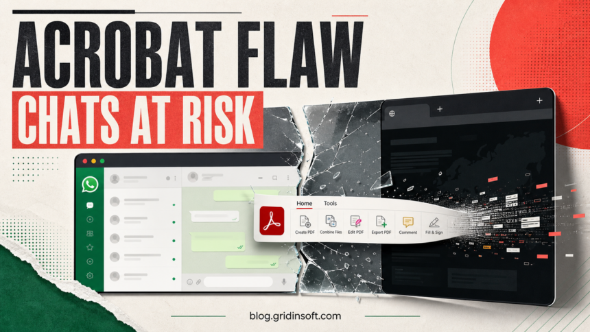 Adobe Acrobat extension crossing a cracked WhatsApp Web chat window toward a hostile browser tab