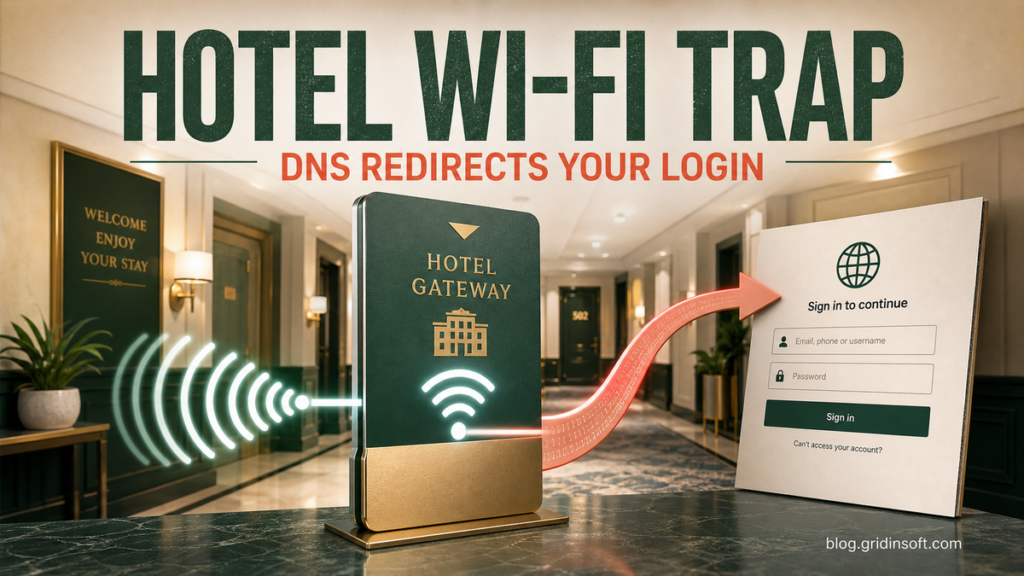 A hotel Wi-Fi gateway bending a trusted wireless connection toward a fake sign-in page.