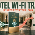 A hotel Wi-Fi gateway bending a trusted wireless connection toward a fake sign-in page.