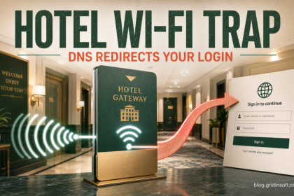 A hotel Wi-Fi gateway bending a trusted wireless connection toward a fake sign-in page.