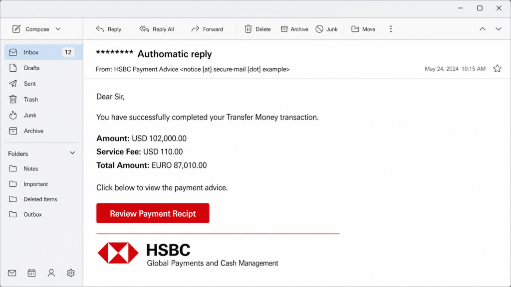 Generic email client showing a fake HSBC Money Transfer Completed phishing message with Authomatic and Recipt typos.