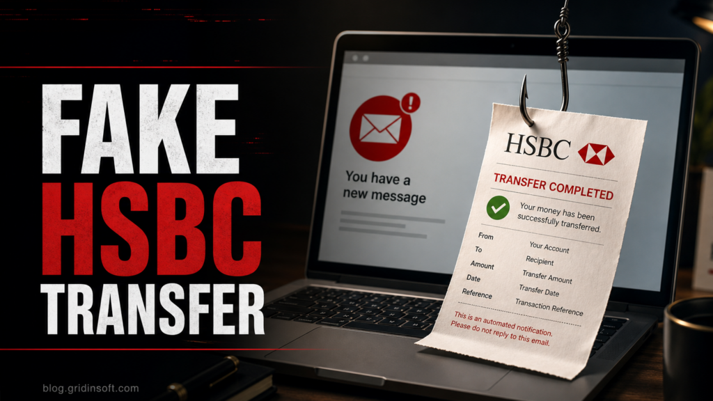 Fake HSBC transfer phishing trap showing a hooked payment receipt and suspicious email alert.