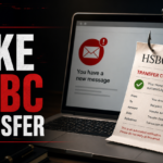 Fake HSBC transfer phishing trap showing a hooked payment receipt and suspicious email alert.