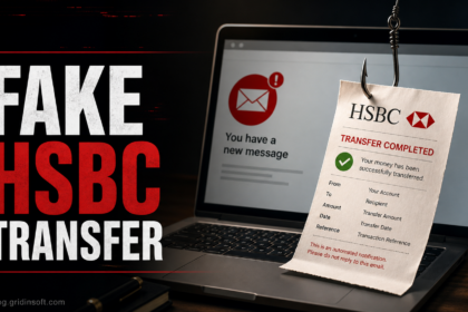 Fake HSBC transfer phishing trap showing a hooked payment receipt and suspicious email alert.