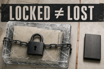 HYFLOCK ransomware recovery scene with locked documents separated from an offline backup drive.