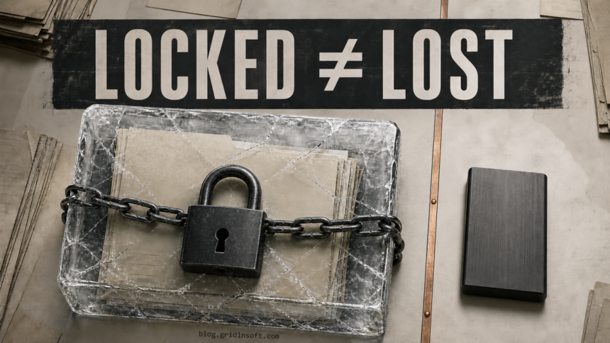 HYFLOCK ransomware recovery scene with locked documents separated from an offline backup drive.