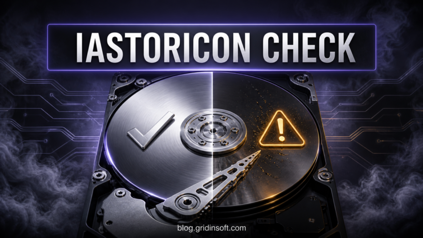 IAStorIcon.exe storage process check with a verified drive and warning symbol.