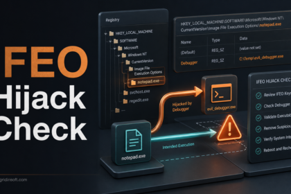 IFEO hijack check showing a Windows registry Debugger value redirecting an executable