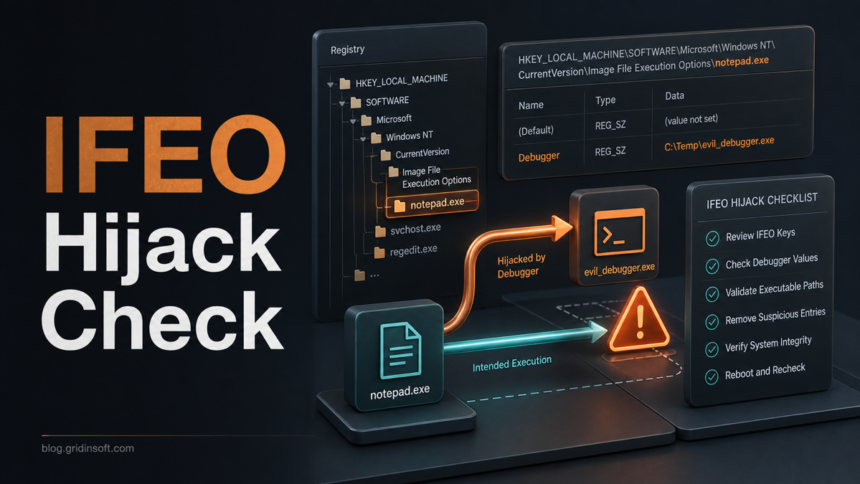 IFEO hijack check showing a Windows registry Debugger value redirecting an executable