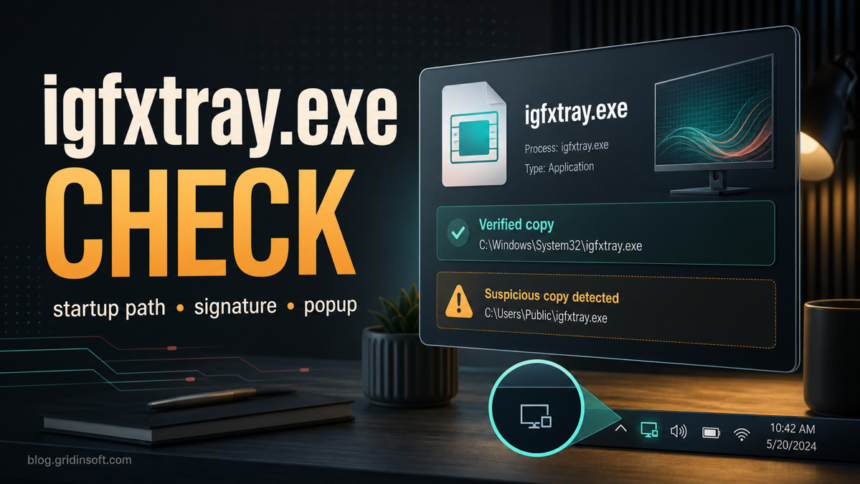 igfxtray.exe startup safety check with trusted path, signature, and suspicious copy warning