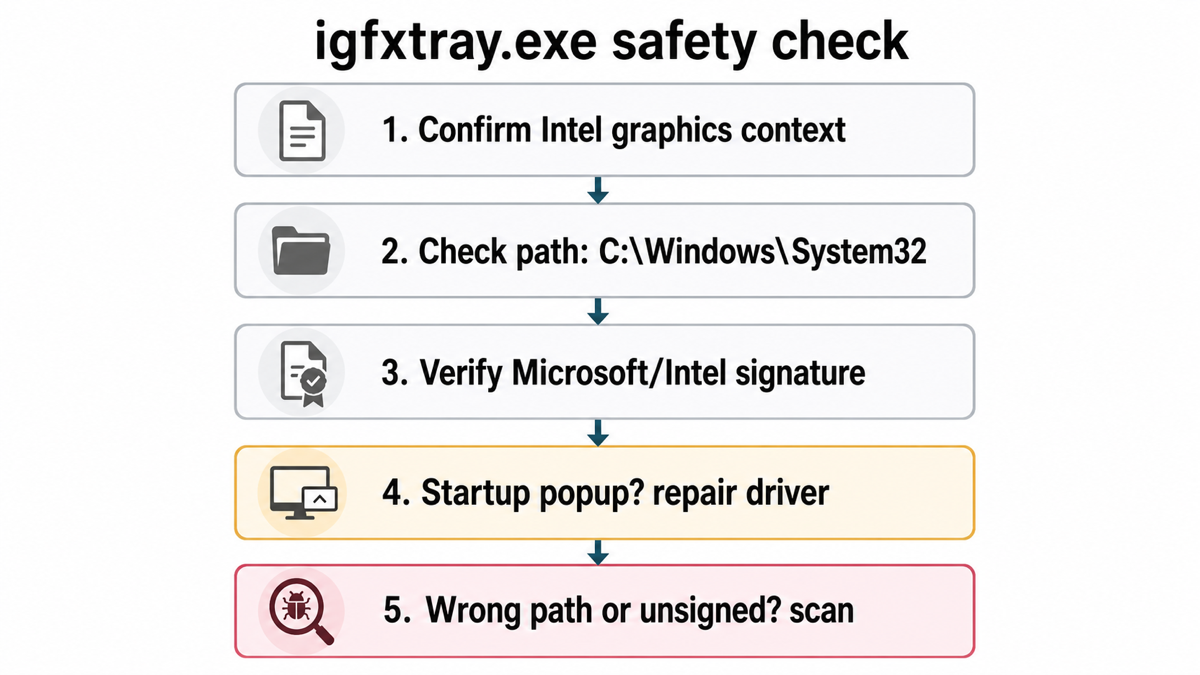igfxtray.exe safety check flow for path, signature, startup popup, and scan decision