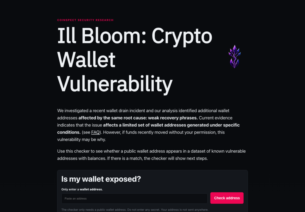 Ill Bloom Wallet Vulnerability: Check Your Address, Not Your Seed 2 Coinspect Ill Bloom checker asking for a public wallet address and warning users not to enter secrets.