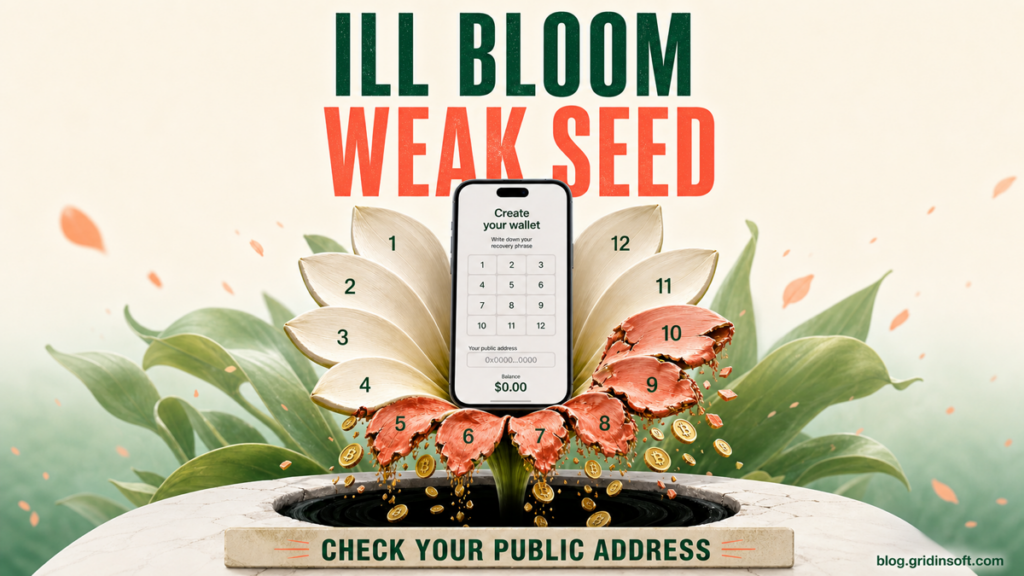 Mobile crypto wallet with wilting recovery-word petals representing the Ill Bloom weak-seed vulnerability.