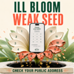 Mobile crypto wallet with wilting recovery-word petals representing the Ill Bloom weak-seed vulnerability.