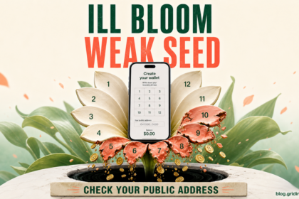 Mobile crypto wallet with wilting recovery-word petals representing the Ill Bloom weak-seed vulnerability.