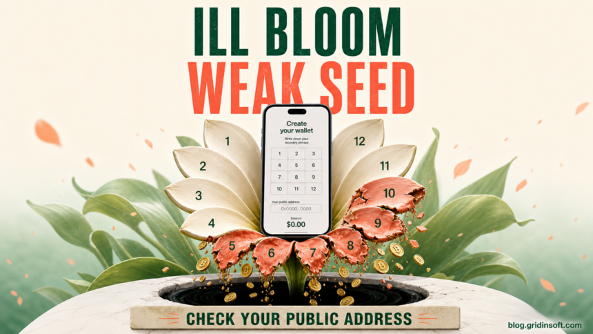 Ill Bloom Wallet Vulnerability: Check Your Address, Not Your Seed 1 Mobile crypto wallet with wilting recovery-word petals representing the Ill Bloom weak-seed vulnerability.