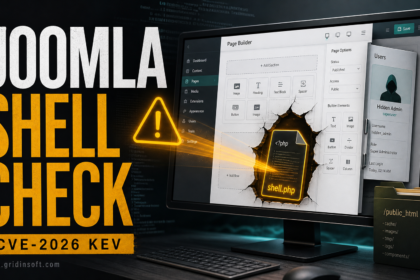 Joomla page builder exploit check showing a PHP web shell and hidden administrator account.