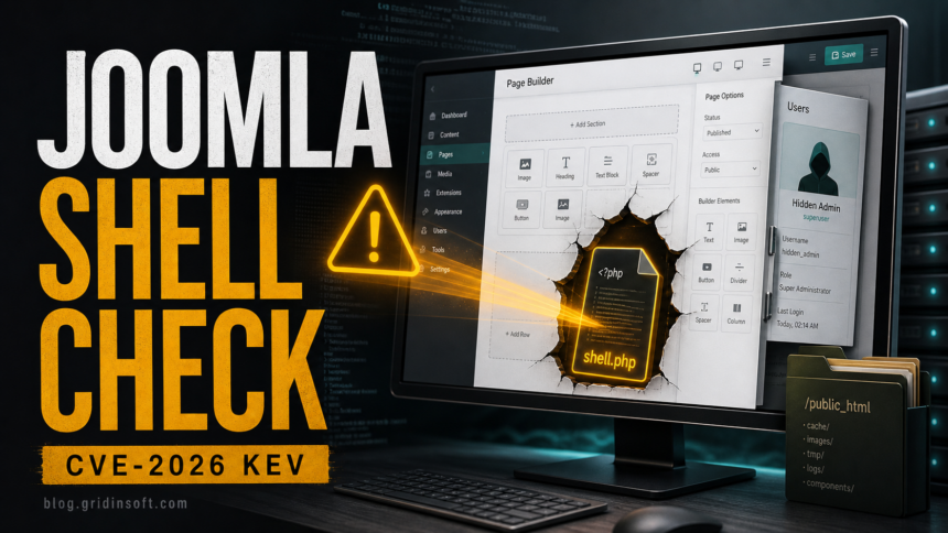 Joomla page builder exploit check showing a PHP web shell and hidden administrator account.