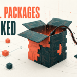 An open software package releases a malicious cable toward a developer laptop and credential cards.