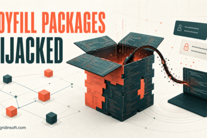 An open software package releases a malicious cable toward a developer laptop and credential cards.