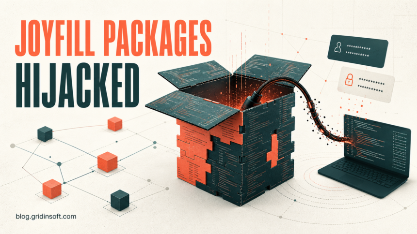 Joyfill npm Packages Compromised: Six Malicious Versions 1 An open software package releases a malicious cable toward a developer laptop and credential cards.