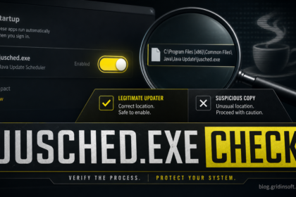 Startup Apps screen checking the jusched.exe Java Update Scheduler file path.