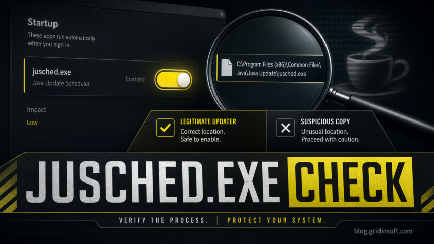 Startup Apps screen checking the jusched.exe Java Update Scheduler file path.