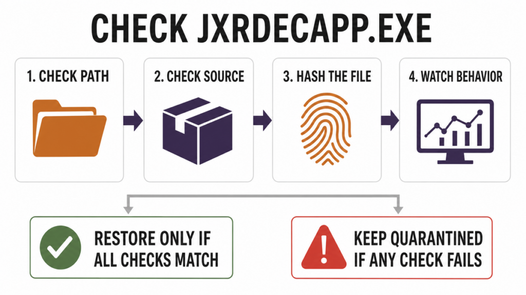 JxrDecApp.exe Virus Alert: Is the File Safe? 2 Four-step JxrDecApp.exe check covering path, source, file hash, and behavior.