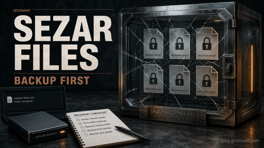 KalinkaCrypt Ransomware: .Sezar Recovery Guide 1 KalinkaCrypt ransomware recovery poster showing locked .Sezar files and backup-first steps.
