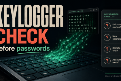 Keylogger check before password reset with suspicious keyboard activity and investigation checklist.