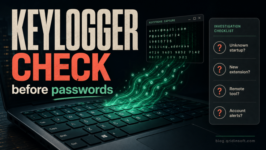 Is Someone Tracking Your Keyboard Presses? Keylogger Signs and Cleanup 1 Keylogger check before password reset with suspicious keyboard activity and investigation checklist.