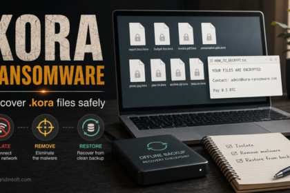 Kora ransomware recovery checklist with encrypted .kora files and a backup drive