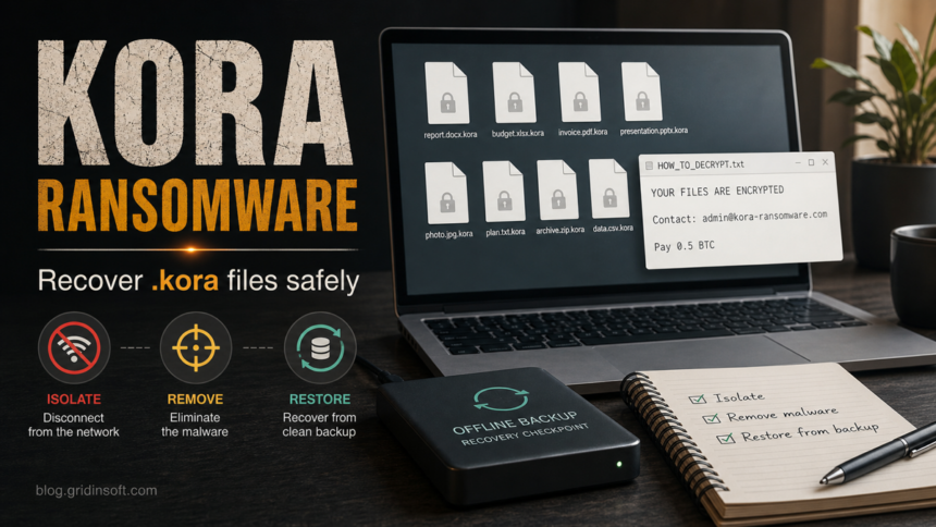 Kora ransomware recovery checklist with encrypted .kora files and a backup drive