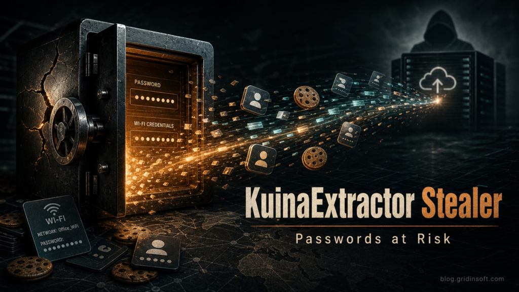 KuinaExtractor stealer exposing saved passwords, Wi-Fi credentials, and session tokens
