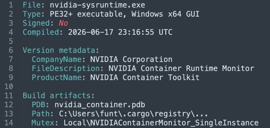 LabubaRAT Poses as NVIDIA Software: What to Check 2 Analysis of nvidia-sysruntime.exe showing an unsigned file with NVIDIA-themed version metadata