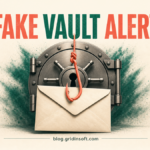 A password vault receives a fake security email while a phishing hook waits behind it