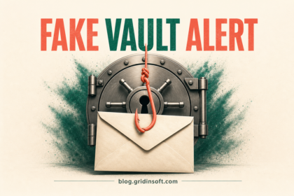A password vault receives a fake security email while a phishing hook waits behind it
